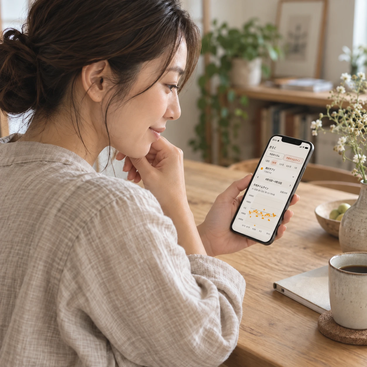 スマートフォンで日々の記録や傾向を振り返り、穏やかに微笑む女性の利用イメージ