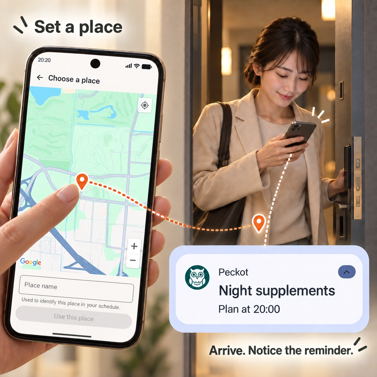Choose a place on Peckot's map, arrive home, and notice a reminder. A map pin connects to a woman at her doorway reading her phone, with an enlarged Peckot Night supplements notification.