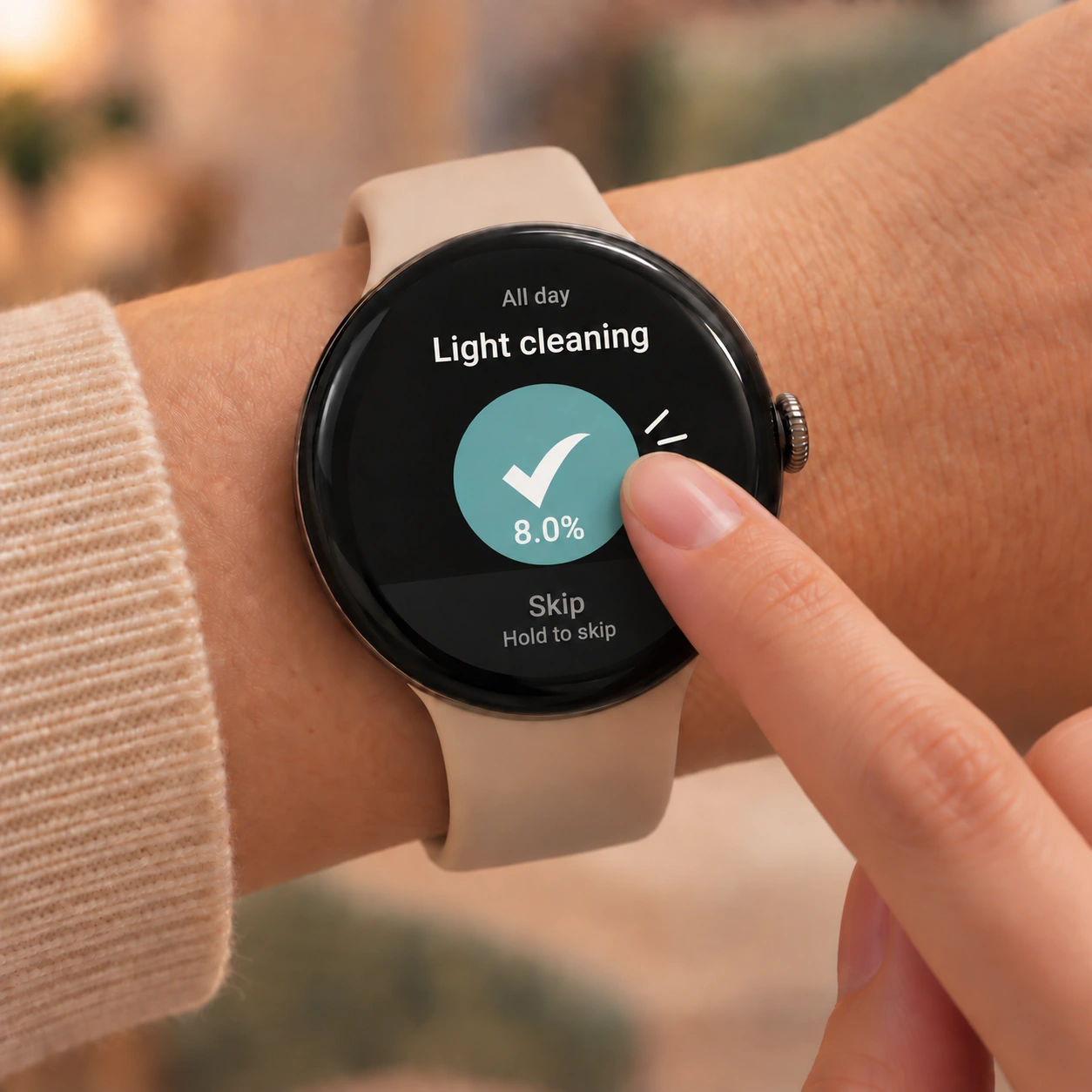 A fingertip presses Peckot's complete button on a wrist-worn Pixel Watch. The actual Light cleaning screen shows a clear check and 8.0%.