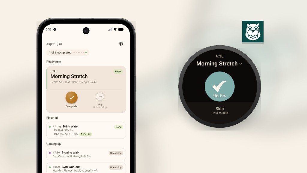Peckot on a smartphone and Wear OS watch, shown together