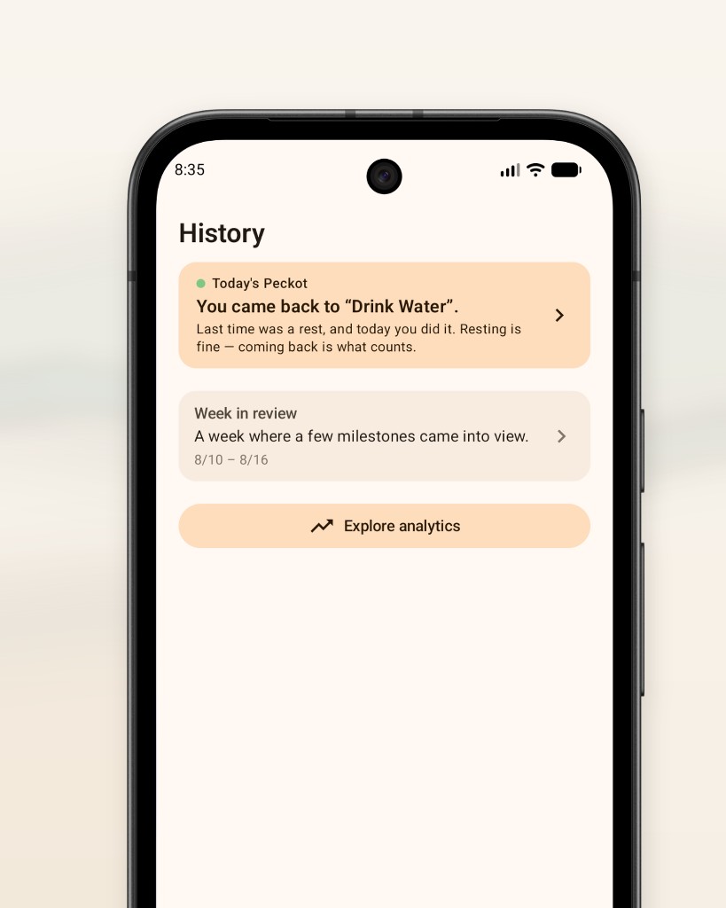 Peckot History screen with a return record and a weekly review