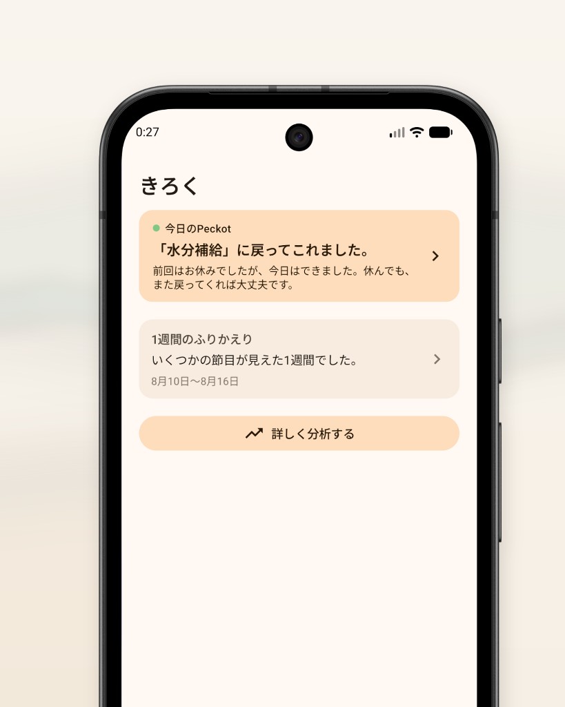 戻れた記録と1週間のふりかえりを示す、Peckotのきろく画面