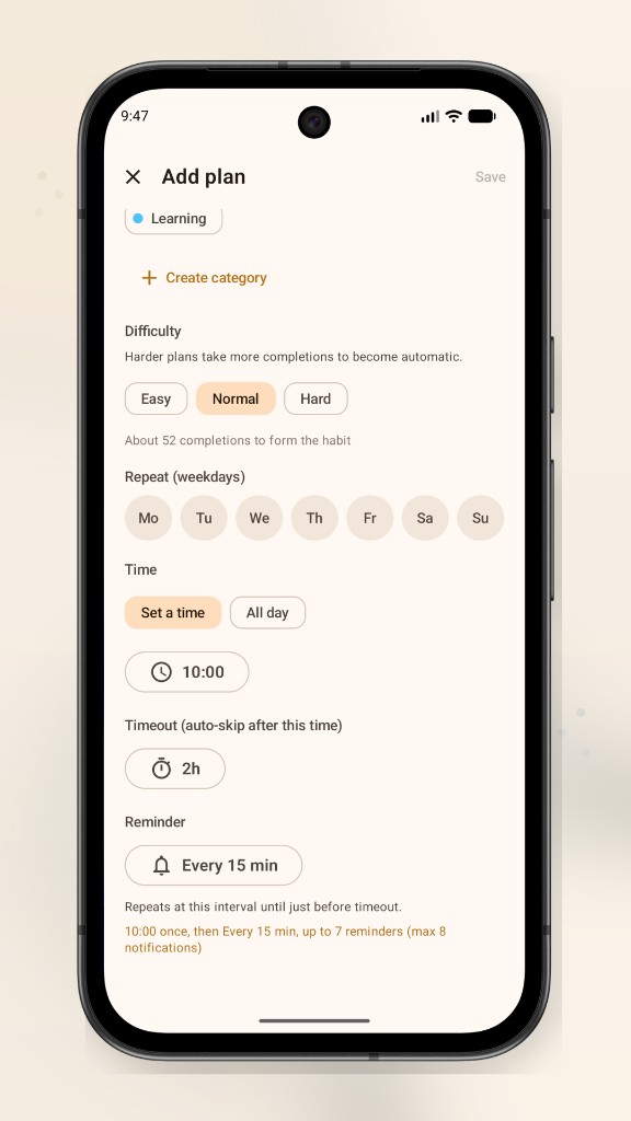 Peckot add-plan screen with reminder interval and timeout settings