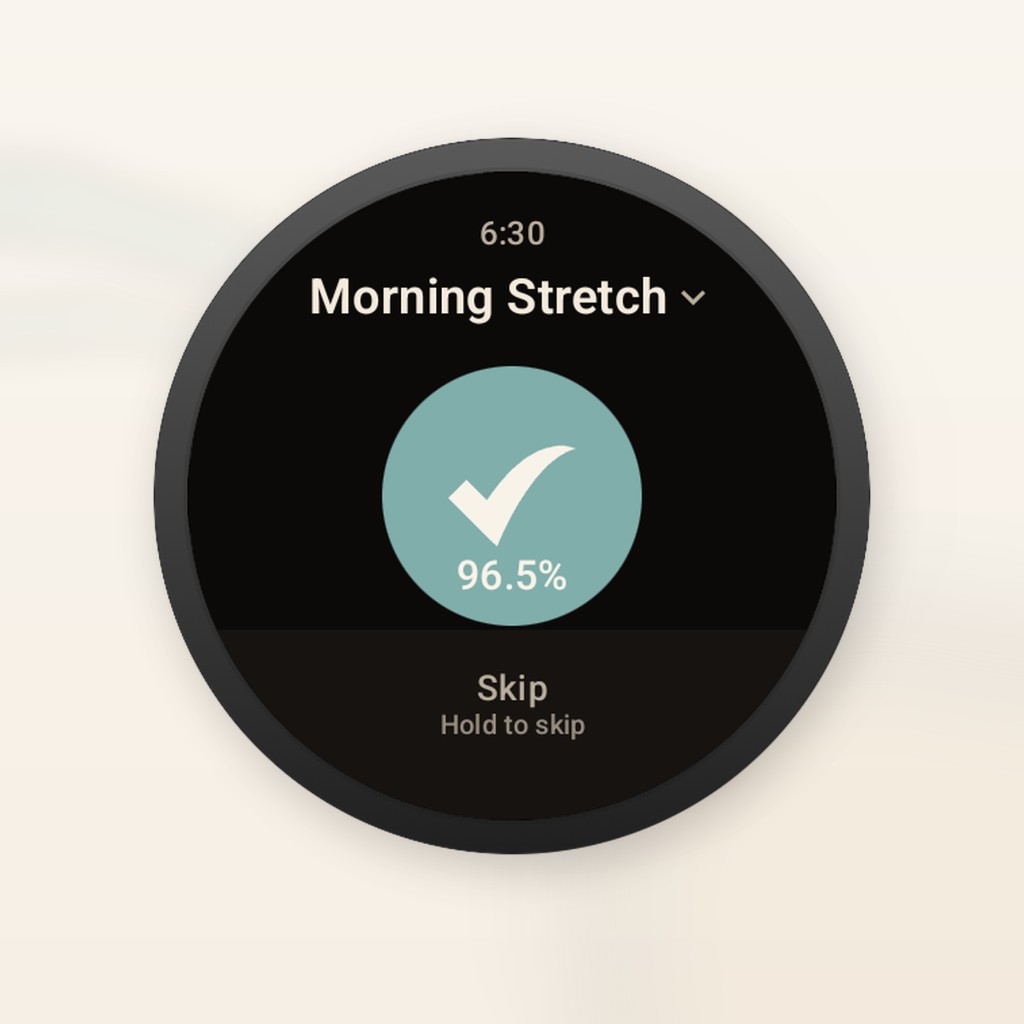 Peckot on Wear OS, with complete and skip on the watch